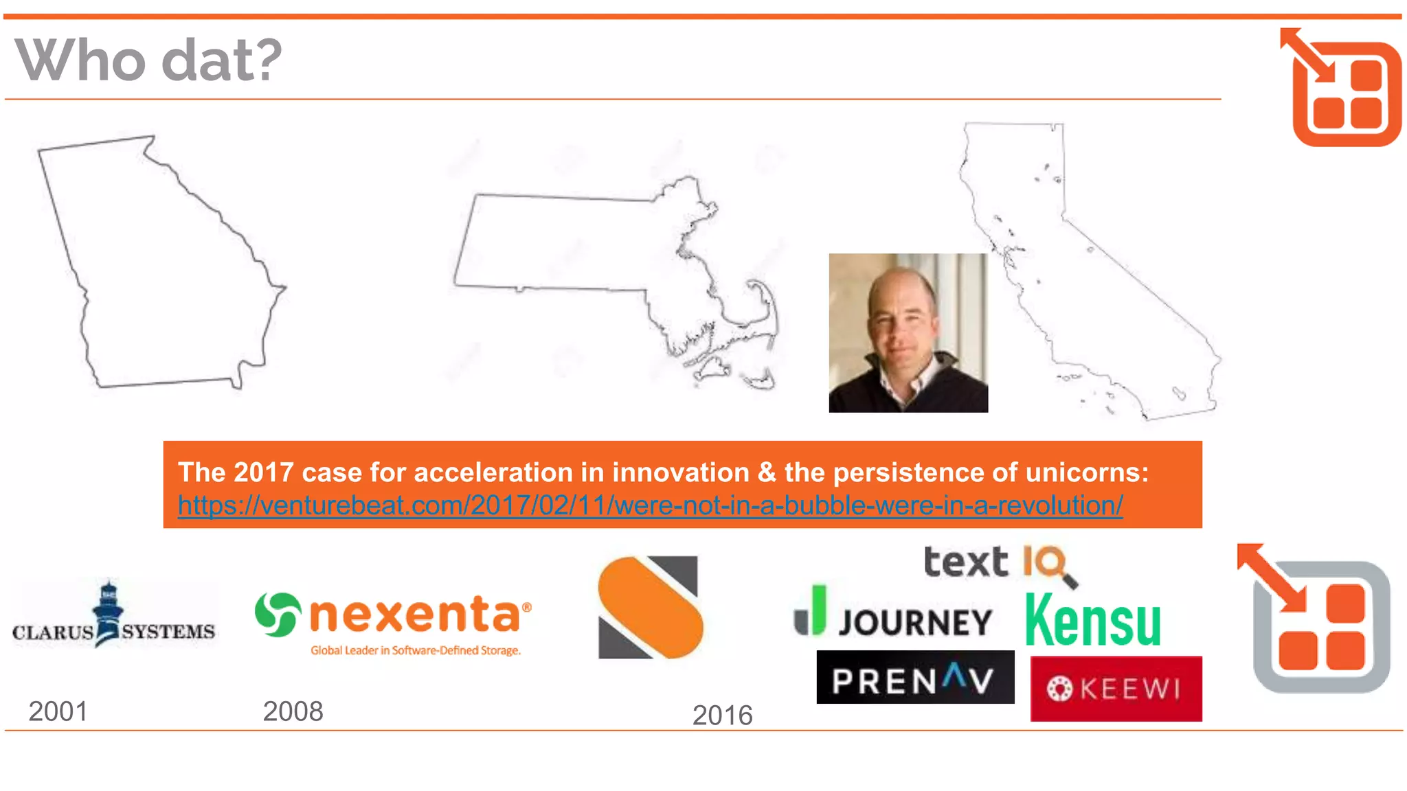 Who dat?
2001 2008 2016
The 2017 case for acceleration in innovation & the persistence of unicorns:
https://venturebeat.com/2017/02/11/were-not-in-a-bubble-were-in-a-revolution/
 