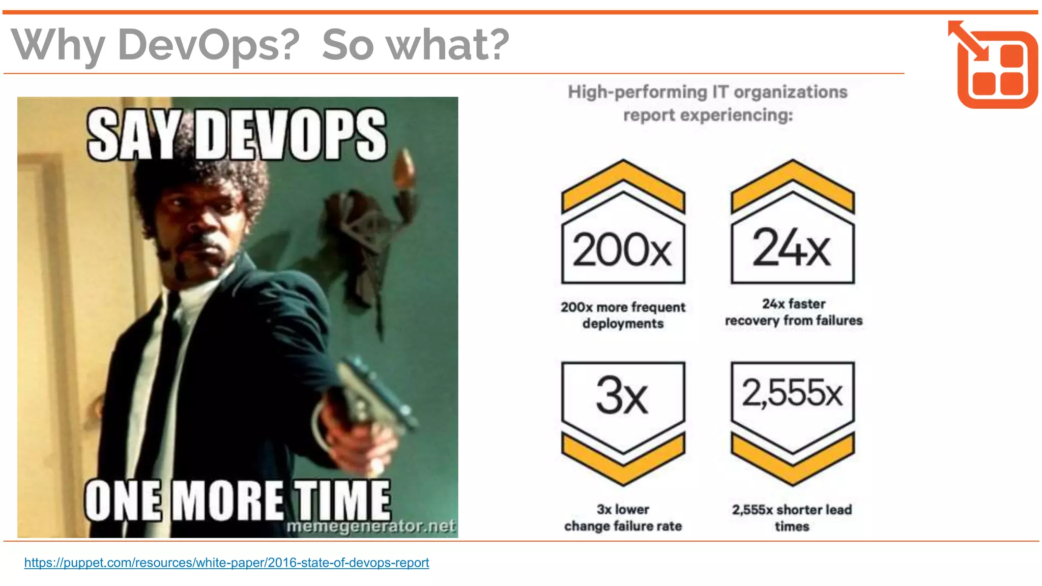 Why DevOps? So what?
https://puppet.com/resources/white-paper/2016-state-of-devops-report
 