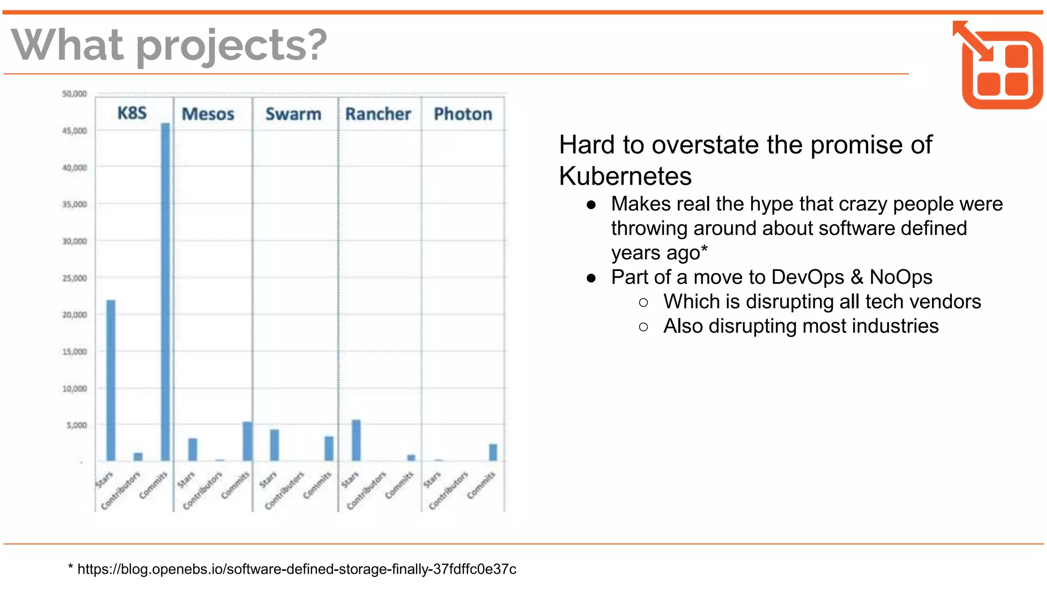 What projects?
Hard to overstate the promise of
Kubernetes
● Makes real the hype that crazy people were
throwing around about software defined
years ago*
● Part of a move to DevOps & NoOps
○ Which is disrupting all tech vendors
○ Also disrupting most industries
* https://blog.openebs.io/software-defined-storage-finally-37fdffc0e37c
 