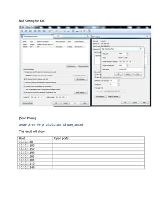NAT Setting for Kali
[Scan Phase]
nmap -A -vv -Pn -p- 10.10.1.xxx -oA scan_xxx.txt
The result will show
Host Open ports
10.10.1.50
10.10.1.100
10.10.1.157
10.10.1.199
10.10.1.201
10.10.1.205
10.10.1.210
10.10.1.249
 