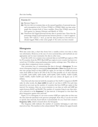 Exercise 2.1
(a) Recreate Figure 2.1.
(b) File INCOME.XLS contains data on the natural logarithm of personal income
and consumption in the US from 1954Q1 to 1994Q2. Make one time series
graph that contains both of these variables. (Note that 1954Q1 means the
ﬁrst quarter (i.e. January, February and March) of 1954.)
(c) Transform the logged personal income data to growth rates. Note that the
percentage change in personal income between period t - 1 and t is approxi-
mately 100 ¥ [ln(Yt) - ln(Yt-1)] and the data provided in INCOME.XLS is
already logged. Make a time series graph of the series you have created.
Histograms
With time series data, a chart that shows how a variable evolves over time is often
very informative. However, in the case of cross-sectional data, such methods are not
appropriate and we must summarize the data in other ways.
Excel ﬁle GDPPC.XLS contains cross-sectional data on real GDP per capita in 1992
for 90 countries from the PWT. Real GDP per capita in every country has been con-
verted into US dollars using purchasing power parity exchange rates. This allows us
to make direct comparisons across countries.
One convenient way of summarizing this data is through a histogram. To con-
struct a histogram, begin by constructing class intervals or bins that divide the coun-
tries into groups based on their GDP per capita. In our data set, GDP per person
varies from $408 in Chad to $17,945 in the US. One possible set of class intervals
is 0–2,000, 2,001–4,000, 4,001–6,000, 6,001–8,000, 8,001–10,000, 10,001–12,000,
12,001–14,000, 14,001–16,000 and 16,001 and over (where all ﬁgures are in US
dollars).
Note that each class interval (with the exception of the 16,001 + category) is $2,000
wide. In other words, the class width for each of our bins is 2,000. For each class
interval we can count up the number of countries that have GDP per capita in that
interval. For instance, there are seven countries in our data set with real GDP per
capita between $4,001 and $6,000. The number of countries lying in one class inter-
val is referred to as the frequency3
of that interval. A histogram is a bar chart that
plots frequencies against class intervals.4
Figure 2.2 is a histogram of our cross-country GDP per capita data set that uses
the class intervals speciﬁed in the previous paragraph. Note that, if you do not wish
to specify class intervals, Excel will do it automatically for you. Excel also creates a
frequency table, which is located above the histogram.
The frequency table indicates the number of countries belonging to each class
interval (or bin). The numbers in the column labeled “Bin” indicate the upper bounds
Basic data handling 19
 