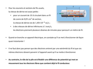 11
• Pour les courants et sections de fils usuels,
la vitesse de dérive est assez petite :
• pour un courant de 10 A circulant dans un fil
de cuivre de 0,05 cm!
de section,
la vitesse de dérive est de 1,48×10"#
m/s ;
• à des vitesses de dérive inférieures à 1 mm/s,
les électrons prennent plusieurs dizaines de minutes pour parcourir un mètre de fil.
• Quand on branche un appareil électrique, on constate qu’il se met à fonctionner de façon
quasi instantanée !
• Il ne faut donc pas penser que des électrons entrent par une extrémité du fil et que ces
mêmes électrons doivent parvenir à l’appareil avant qu’il se mette à fonctionner.
• Au contraire, le rôle de la pile est d’établir une différence de potentiel qui met en
mouvement tous les électrons libres que contient déjà le fil conducteur.
 