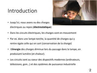 Introduction
• Jusqu’ici, nous avons vu des charges
électriques au repos (électrostatique)
• Dans les circuits électriques, les charges sont en mouvement
• Par ex. dans une lampe-torche, la quantité de charges qui y
rentre égale celle qui en sort (conservation de la charge)
• L’énergie des charges diminue lors du passage dans la lampe, en
produisant lumière (et chaleur).
• Les circuits sont au coeur des dispositifs modernes (ordinateurs,
télévisions, gsm…) et des systèmes de puissance industrielle
2
2
 