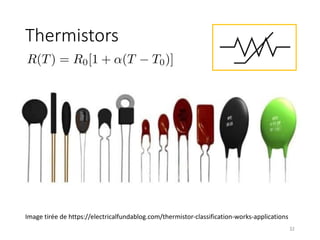 Thermistors
32
Image tirée de https://electricalfundablog.com/thermistor-classification-works-applications
<latexit
sha1_base64="OY+iwp2JX0o9eXHUj+GoaMGmIxA=">AAAC3nicjVHLSsNAFD2Nr1pfUVfiJliEilgSEXUjFN24rKWtQi11EqdtME1CMhFKEXfuxK0/4FY/R/wD/QvvjCn4QHRCkjPn3nNm7r126LmxMM2XjDYyOjY+kZ3MTU3PzM7p8wv1OEgih9ecwAuiE5vF3HN9XhOu8PhJGHHWsz1+bF8cyPjxJY9iN/Croh/yZo91fLftOkwQ1dKXKoXq2l6lZTas9VPmhV1WqG5UW+Zas6XnzaKplvETWCnII13lQH/GKc4RwEGCHjh8CMIeGGJ6GrBgIiSuiQFxESFXxTmukCNtQlmcMhixF/Tt0K6Rsj7tpWes1A6d4tEbkdLAKmkCyosIy9MMFU+Us2R/8x4oT3m3Pv3t1KtHrECX2L90w8z/6mQtAm3sqhpcqilUjKzOSV0S1RV5c+NTVYIcQuIkPqd4RNhRymGfDaWJVe2yt0zFX1WmZOXeSXMTvMlb0oCt7+P8CeqbRWu7uHW0lS/tp6POYhkrKNA8d1DCIcqokfc1HvCIJ+1Mu9FutbuPVC2TahbxZWn37/8+l28=</latexit>
R(T) = R0[1 + ↵(T T0)]
 