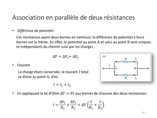 40
Ces résistances ayant deux bornes en commun, la différence de potentiel à leurs
bornes est la même. En effet, le potentiel au point A et celui au point B sont uniques
et indépendants du chemin suivi par les charges :
La charge étant conservée, le courant 𝐼 total
se divise au point A, d’où
𝐼 = 𝐼$ + 𝐼&
• Différence de potentiel
∆𝑉 = ∆𝑉$= ∆𝑉&
• Courant
• En appliquant la loi d’Ohm ∆𝑉 = 𝑅𝐼 aux bornes de chacune des deux résistances:
𝐼 =
∆𝑉$
𝑅$
+
∆𝑉&
𝑅&
= ∆𝑉
1
𝑅$
+
1
𝑅&
Association en parallèle de deux résistances
 