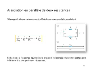 Association en parallèle de deux résistances
42
Si l’on généralise ce raisonnement à 𝑁 résistances en parallèle, on obtient
1
𝑅é(
=
1
𝑅$
+
1
𝑅&
+ … +
1
𝑅)
Remarque : la résistance équivalente à plusieurs résistances en parallèle est toujours
inférieure à la plus petite des résistances.
 