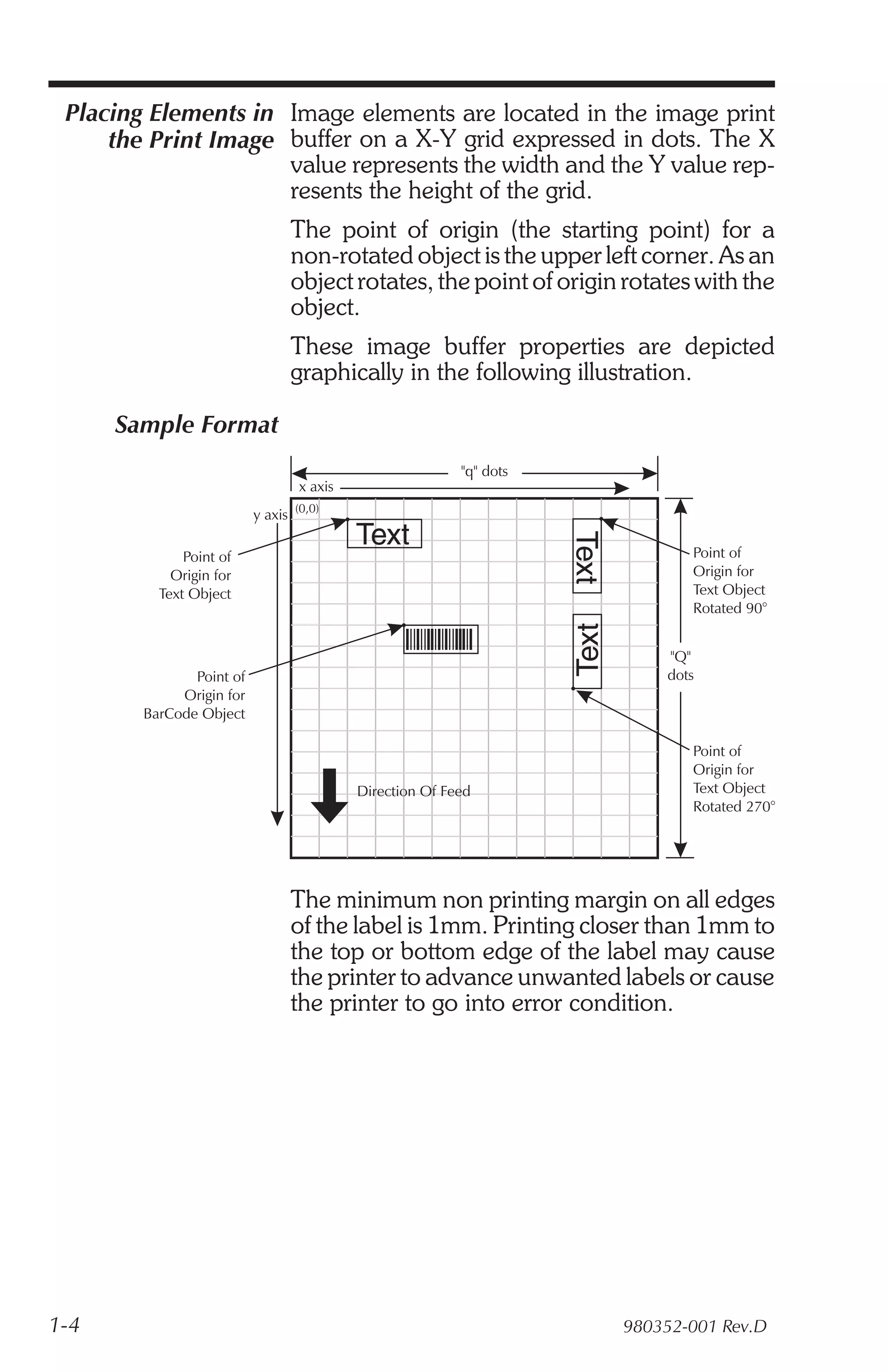 Placing Elements in Image elements are located in the image print
     the Print Image buffer on a X-Y grid expressed in dots. The X
                     value represents the width and the Y value rep-
                     resents the height of the grid.
                                The point of origin (the starting point) for a
                                non-rotated object is the upper left corner. As an
                                object rotates, the point of origin rotates with the
                                object.
                                These image buffer properties are depicted
                                graphically in the following illustration.

      Sample Format
                                                          "q" dots
                                  x axis
                          y axis (0,0)
                                           Text
                                                                     Text
              Point of                                                             Point of
            Origin for                                                             Origin for
          Text Object                                                              Text Object
                                                                                   Rotated 90°
                                                                     Text

                                                                                "Q"
               Point of                                                         dots
             Origin for
        BarCode Object

                                                                                   Point of
                                                                                   Origin for
                                           Direction Of Feed                       Text Object
                                                                                   Rotated 270°




                                The minimum non printing margin on all edges
                                of the label is 1mm. Printing closer than 1mm to
                                the top or bottom edge of the label may cause
                                the printer to advance unwanted labels or cause
                                the printer to go into error condition.




1-4                                                                         980352-001 Rev.D
 