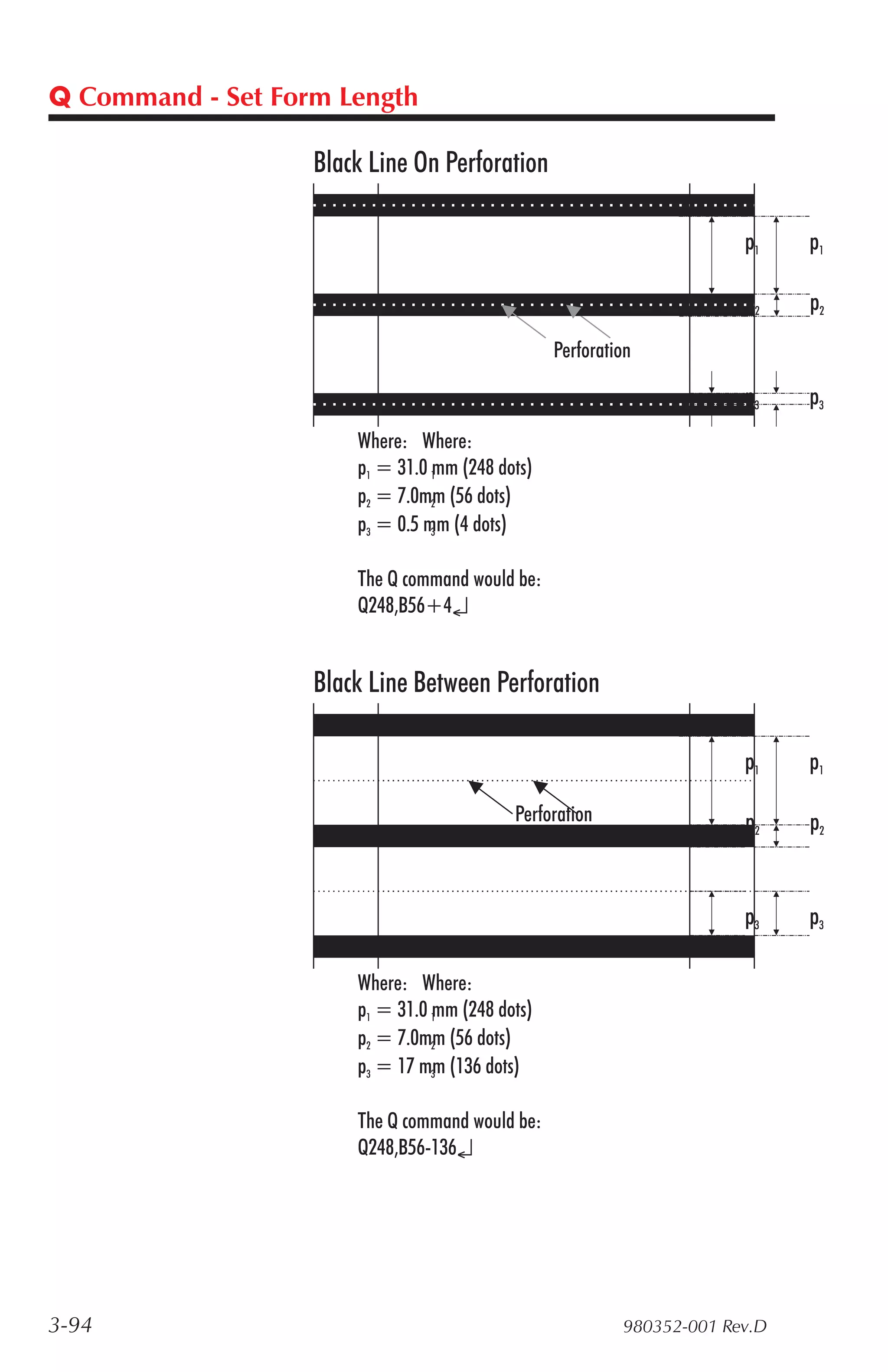 Q Command - Set Form Length

                   Black Line On Perforation

                                                                        p1    p1

                                                                        p2    p2
                                                  Perforation

                                                                        p3    p3
                       Where: Where:
                       p1 = 31.0 1mm (248 dots)
                       p2 = 7.0mm (56 dots)
                                 2

                       p3 = 0.5 mm (4 dots)
                                 3



                       The Q command would be:
                       Q248,B56+4↵


                   Black Line Between Perforation

                                                                        p1    p1

                                            Perforation                 p2    p2


                                                                        p3    p3

                       Where: Where:
                       p1 = 31.0 1mm (248 dots)
                       p2 = 7.0mm (56 dots)
                                 2

                       p3 = 17 mm (136 dots)
                                 3



                       The Q command would be:
                       Q248,B56-136↵




3-94                                                       980352-001 Rev.D
 