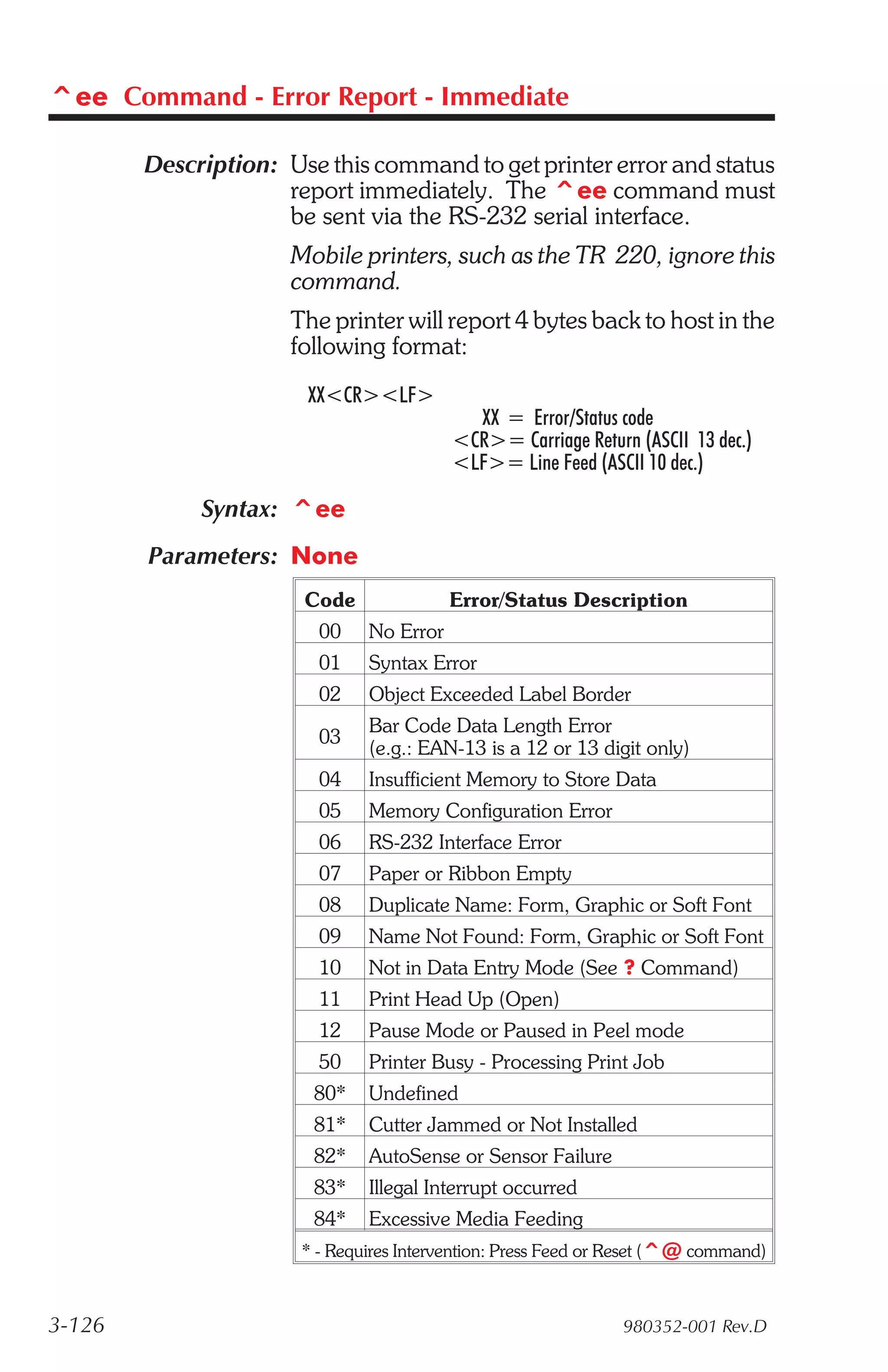 ^ee Command - Error Report - Immediate

        Description: Use this command to get printer error and status
                     report immediately. The ^ee command must
                     be sent via the RS-232 serial interface.
                      Mobile printers, such as the TR 220, ignore this
                      command.
                      The printer will report 4 bytes back to host in the
                      following format:
                       XX<CR><LF>
                                            XX = Error/Status code
                                          <CR>= Carriage Return (ASCII 13 dec.)
                                          <LF>= Line Feed (ASCII 10 dec.)

             Syntax: ^ee
        Parameters: None
                       Code               Error/Status Description
                         00    No Error
                         01    Syntax Error
                         02    Object Exceeded Label Border
                               Bar Code Data Length Error
                         03
                               (e.g.: EAN-13 is a 12 or 13 digit only)
                         04    Insufficient Memory to Store Data
                         05    Memory Configuration Error
                         06    RS-232 Interface Error
                         07    Paper or Ribbon Empty
                         08    Duplicate Name: Form, Graphic or Soft Font
                         09    Name Not Found: Form, Graphic or Soft Font
                         10    Not in Data Entry Mode (See ? Command)
                         11    Print Head Up (Open)
                         12    Pause Mode or Paused in Peel mode
                         50    Printer Busy - Processing Print Job
                        80*    Undefined
                        81*    Cutter Jammed or Not Installed
                        82*    AutoSense or Sensor Failure
                        83*    Illegal Interrupt occurred
                        84*    Excessive Media Feeding
                       * - Requires Intervention: Press Feed or Reset (^@ command)



3-126                                                          980352-001 Rev.D
 