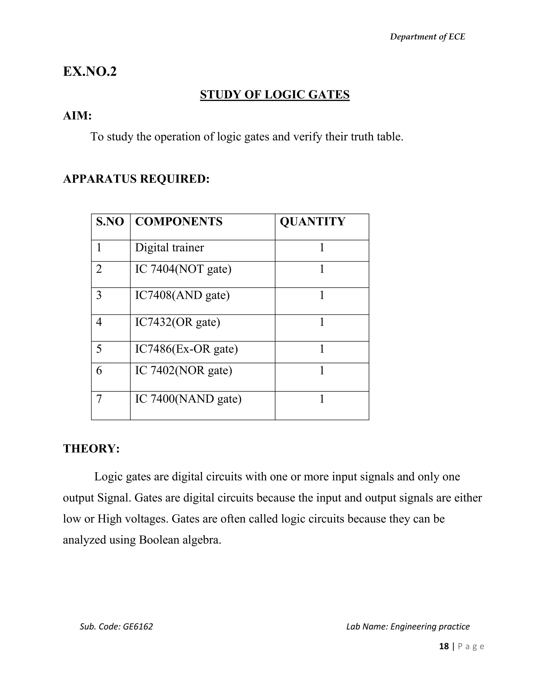 Department of ECE
Sub. Code: GE6162 Lab Name: Engineering practice
18 | P a g e
EX.NO.2
STUDY OF LOGIC GATES
AIM:
To study the operation of logic gates and verify their truth table.
APPARATUS REQUIRED:
S.NO COMPONENTS QUANTITY
1 Digital trainer 1
2 IC 7404(NOT gate) 1
3 IC7408(AND gate) 1
4 IC7432(OR gate) 1
5 IC7486(Ex-OR gate) 1
6 IC 7402(NOR gate) 1
7 IC 7400(NAND gate) 1
THEORY:
Logic gates are digital circuits with one or more input signals and only one
output Signal. Gates are digital circuits because the input and output signals are either
low or High voltages. Gates are often called logic circuits because they can be
analyzed using Boolean algebra.
 