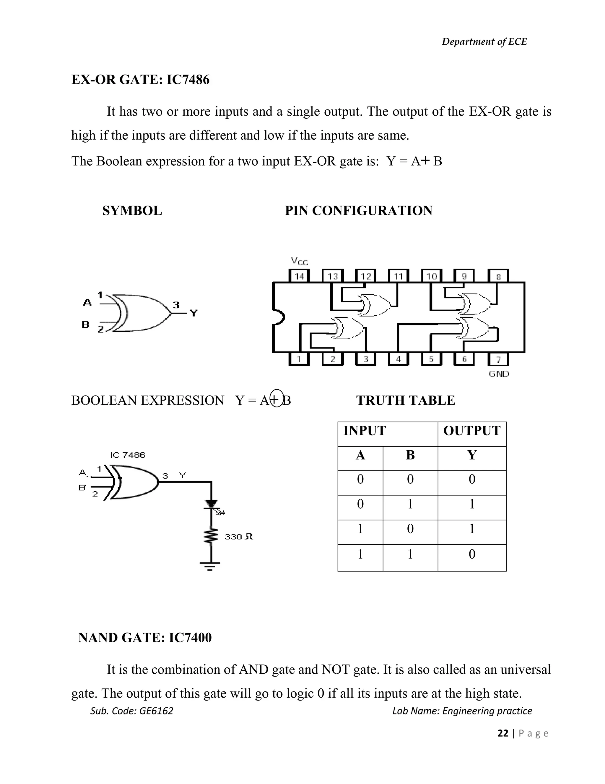 Department of ECE
Sub. Code: GE6162 Lab Name: Engineering practice
22 | P a g e
EX-OR GATE: IC7486
It has two or more inputs and a single output. The output of the EX-OR gate is
high if the inputs are different and low if the inputs are same.
The Boolean expression for a two input EX-OR gate is: Y = A+ B
SYMBOL PIN CONFIGURATION
BOOLEAN EXPRESSION Y = A+ B TRUTH TABLE
NAND GATE: IC7400
It is the combination of AND gate and NOT gate. It is also called as an universal
gate. The output of this gate will go to logic 0 if all its inputs are at the high state.
INPUT OUTPUT
A B Y
0 0 0
0 1 1
1 0 1
1 1 0
 