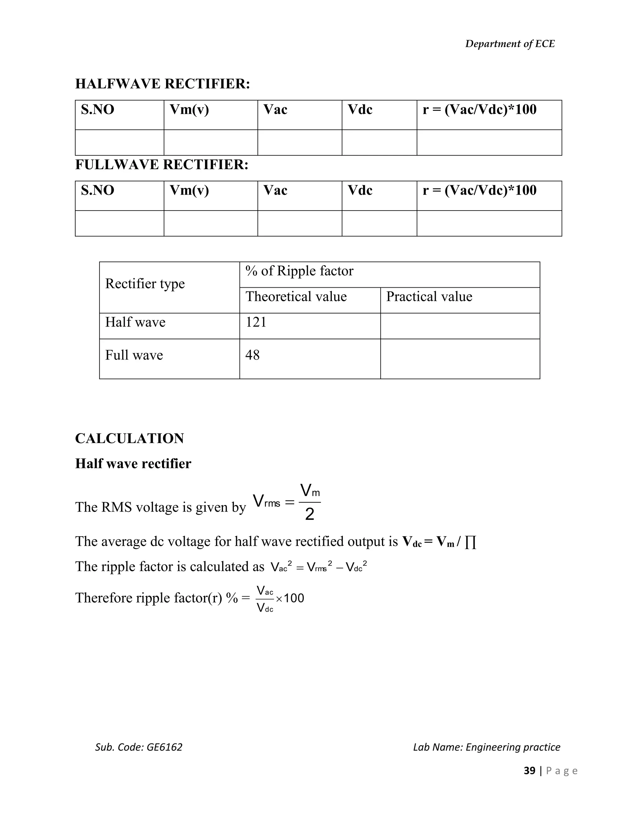 Department of ECE
Sub. Code: GE6162 Lab Name: Engineering practice
39 | P a g e
HALFWAVE RECTIFIER:
S.NO Vm(v) Vac Vdc r = (Vac/Vdc)*100
FULLWAVE RECTIFIER:
S.NO Vm(v) Vac Vdc r = (Vac/Vdc)*100
Rectifier type
% of Ripple factor
Theoretical value Practical value
Half wave 121
Full wave 48
CALCULATION
Half wave rectifier
The RMS voltage is given by
2
V
V
m
rms 
The average dc voltage for half wave rectified output is Vdc = Vm / ∏
The ripple factor is calculated as 2
dc
2
rms
2
ac VVV 
Therefore ripple factor(r) % = 100
V
V
dc
ac

 