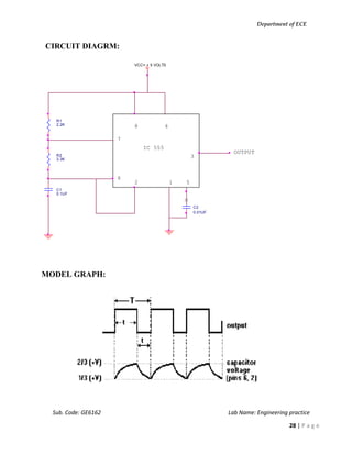 Department of ECE
Sub. Code: GE6162 Lab Name: Engineering practice
28 | P a g e
CIRCUIT DIAGRM:
MODEL GRAPH:
R1
2.2K
R2
3.3K
C1
0.1UF
C2
0.01UF
VCC= + 5 VOLTS
IC 555
OUTPUT
8
7
6
2 1 5
3
4
 