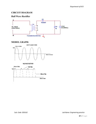 Department of ECE
Sub. Code: GE6162 Lab Name: Engineering practice
37 | P a g e
CIRCUIT DIAGRAM
Half Wave Rectifier
MODEL GRAPH:
 