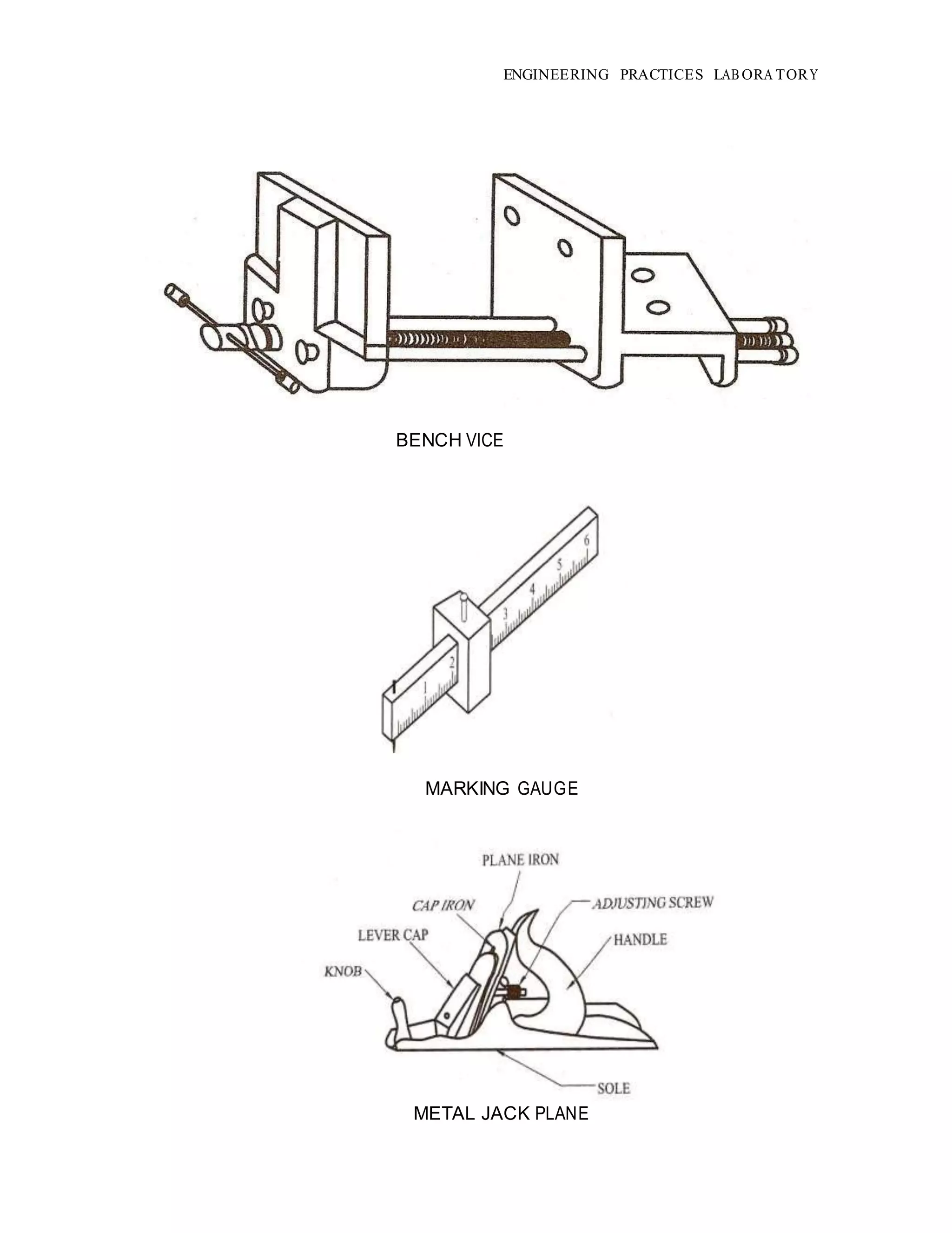 ENGINEERING PRACTICES LAB ORA TORY
BENCH VICE
MARKING GAUGE
METAL JACK PLANE
 
