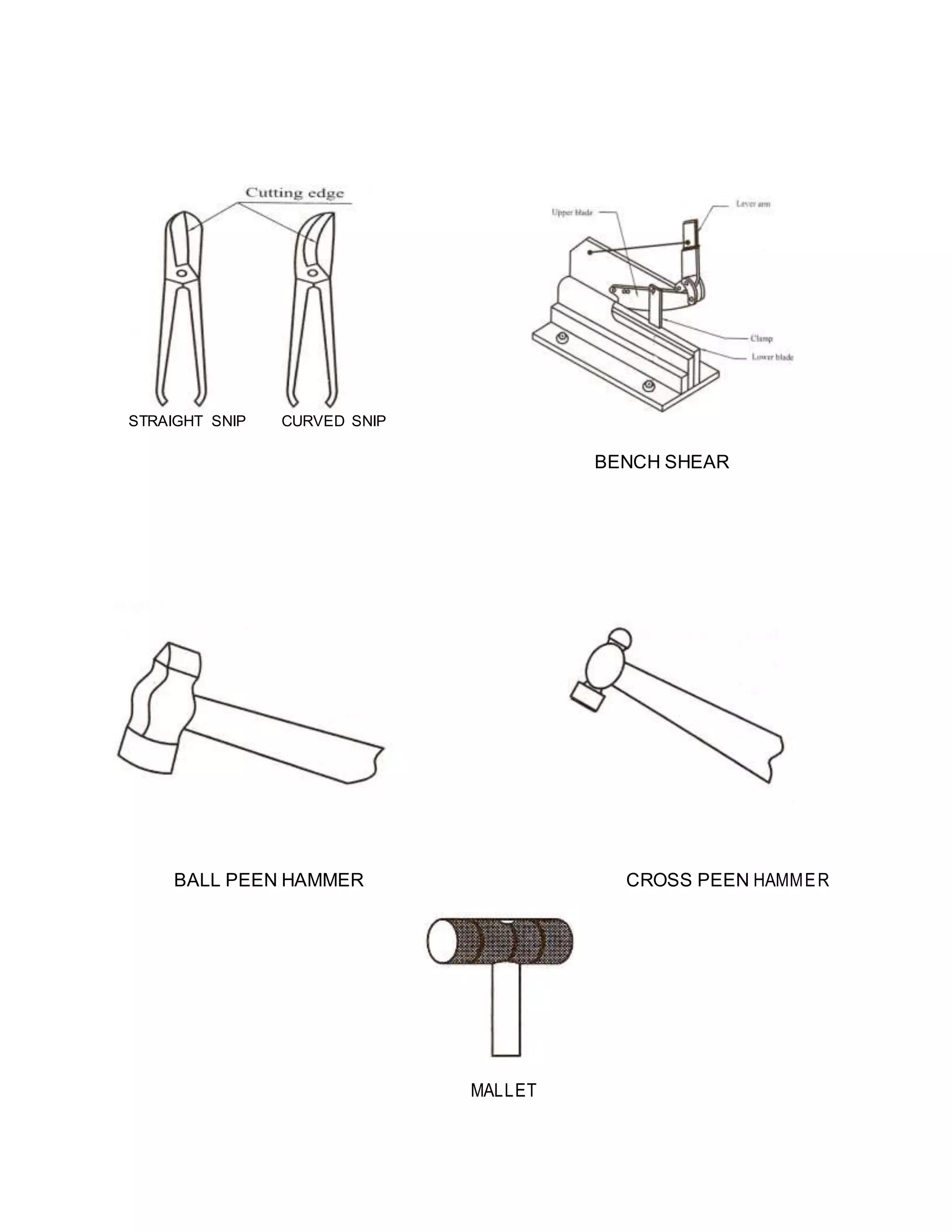 STRAIGHT SNIP CURVED SNIP
BENCH SHEAR
BALL PEEN HAMMER CROSS PEEN HAMMER
MALLET
 
