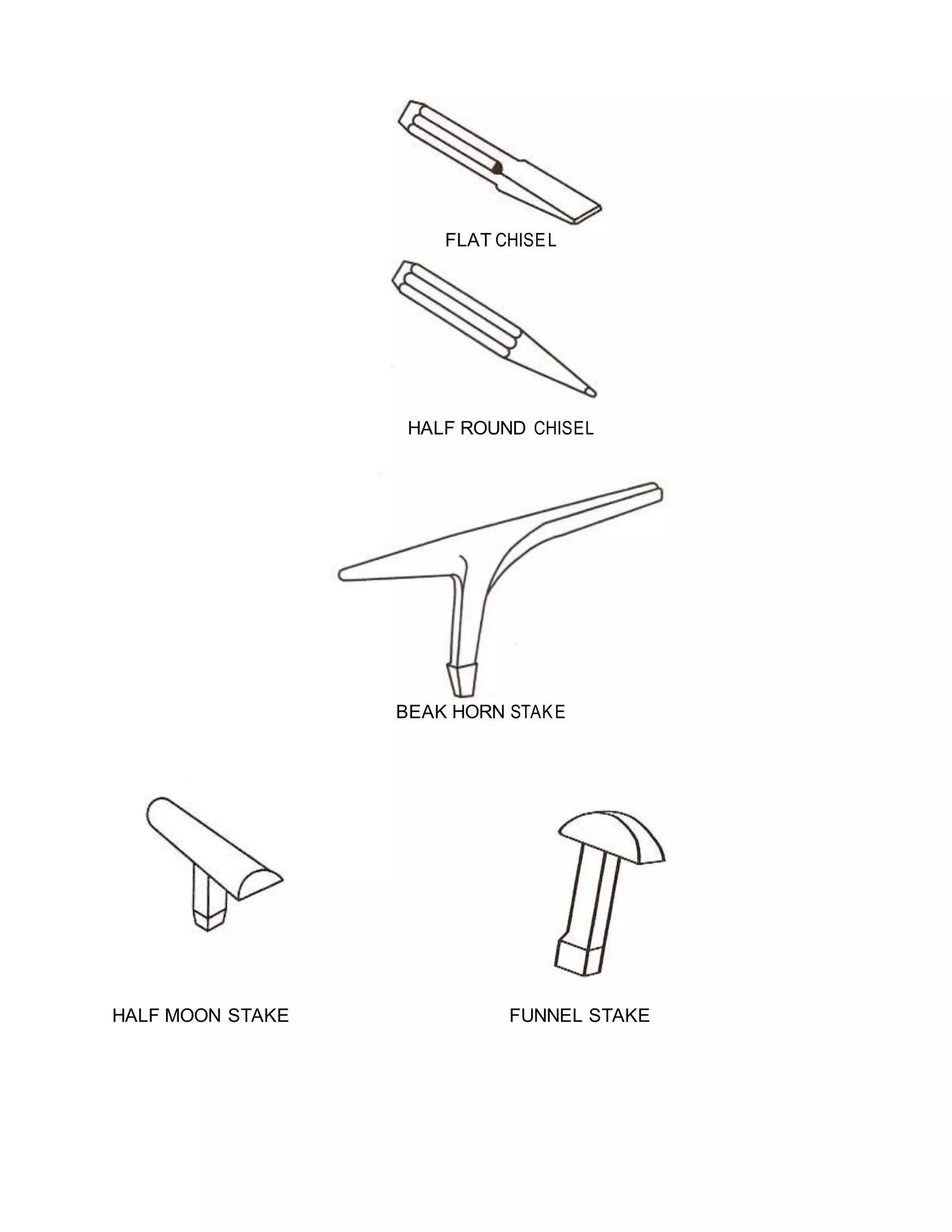 FLAT CHISEL
HALF ROUND CHISEL
BEAK HORN STAKE
HALF MOON STAKE FUNNEL STAKE
 