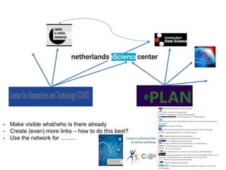- Make visible what/who is there already
- Create (even) more links – how to do this best?
- Use the network for …......
 