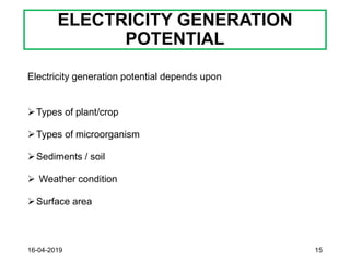 ELECTRICITY GENERATION
POTENTIAL
Electricity generation potential depends upon
➢Types of plant/crop
➢Types of microorganism
➢Sediments / soil
➢ Weather condition
➢Surface area
16-04-2019 15
 