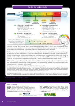 Custo de tratamento
0

20

40

60

80

100

120

140

160

R$/mês

R$ 9,36

R$ 31,02

CARMAZIM

TEGRETOL

R$ 37,48

(CARBAMAZEPINA)

CARMAZIM (CARBAMAZEPINA)
(+ BARATO - SIMILAR)

ZYOXIPINA

(OXCARBAZEPINA)

ZYOXIPINA ((OXCARBAZEPINA)
(+ BARATO - SIMILAR)
•	Apresentação: 30 COM REV CT BL
AL PLAS INC DE 300 MG
•	Custo tratamento: R$ 37,48

•	Apresentação: 20 COM CT BL AL
PLAS INC DE 200 MG
•	Custo tratamento: R$ 9,36

TRILEPTAL (OXCARBAZEPINA)
•	Apresentação: 20 COM REV CT BL AL
PLAS INC X DE 300 MG
•	Custo tratamento: R$ 75,72
9,36

TEGRETOL (CARBAMAZEPINA)
•	Apresentação: 20 COM CT BL AL PLAS
INC DE 200 MG
•	Custo tratamento: R$ 31,02
PERCENTUAIS DE DIFERENÇA DOS
CUSTOS DE TRATAMENTO ENTRE
O MEDICAMENTO DE MARCA, O
GENÉRICO E O SIMILAR

R$ 75,72
TRILEPTAL

CAR

MAZ

Tegretol x Trileptal:144%
Carmazim x Zyoxipina: 300%
Carmazim x Trileptal: 709%

IM

75,72

TRIL

EPTA

709

L

Conforme discutido neste Informe, não há evidências de superioridade quanto à eficácia entre as substâncias carbamazepina e oxcarbazepina para o tratamento de epilepsia. Contudo, observa-se que os preços dos medicamentos com
essas substâncias variam bastante, o que implica em custos de tratamento mensais diferentes.
Análises comparativas dos custos entre os medicamentos disponíveis no mercado identificaram as seguintes diferenças
de preço (vide figura do termômetro): 144% entre os medicamentos de referência* TRILEPTAL (oxcarbazepina) e o TEGRETOL (carbamazepina); 300% entre o medicamento mais barato à base de oxcarbazepina (medicamento similar*) e
o medicamento mais barato à base carbamazepina (medicamento similar) e 709% entre o medicamento de referência
TRILEPTAL (oxcarbazepina) e o medicamento mais barato à base de carbamazepina (medicamento similar).
Cabe ressaltar que, para efeitos do cálculo do custo mensal de tratamento, foram considerados: as doses iniciais máximas previstas em bula; período de 30 dias de tratamento e Preços Máximos de Venda ao Consumidor dos medicamentos analisados, com alíquota de 18% de ICMS.
* De acordo com as definições dadas pela Resolução RDC nº 17, de 2 de março de 2007:
Medicamento similar: é aquele que contém o mesmo ou os mesmos princípios ativos, apresenta mesma concentração, forma farmacêutica,
via de administração, posologia e indicação terapêutica, e que é equivalente ao medicamento registrado no órgão federal responsável pela
vigilância sanitária, podendo diferir somente em características relativas ao tamanho e forma do produto, prazo de validade, embalagem,
rotulagem, excipientes e veículo, devendo sempre ser identificado por nome comercial ou marca.
Medicamento de referência: é o medicamento inovador registrado no órgão federal responsável pela vigilância sanitária e comercializado
no País, cuja eficácia, segurança e qualidade foram comprovadas cientificamente junto ao órgão federal competente, por ocasião do registro.

REFERÊNCIAS BIBLIOGRÁFICAS E CARTAS
As referências bibliográficas referentes a este informe e as respostas às Cartas recebidas podem ser encontradas no site
http://anvisa.gov.br>>Regulação Econômica>>Boletim Saúde e Economia
SAÚDE E ECONOMIA
ANVISA – Agência Nacional de Vigilância Sanitária
NUREM – Núcleo de Assessoramento Econômico em Regulação
GERAE – Gerência de Avaliação Econômica de Novas Tecnologias
Endereço: SIA, Trecho 5, Área Especial 57, 71.205-050, Brasília/DF
E-mail para contato: saude.economia@anvisa.gov.br

Texto e pesquisa: Giselle Silva Pereira Calais, Symone Oliveira
Lima. Revisão do texto: Gustavo Cunha Garcia, Renata
Faria Pereira e Telma Rodrigues Caldeira. Coordenação da
publicação: Alexandre Lemgruber P. d’Oliveira. Projeto gráfico
e diagramação: Anvisa.
Ministério da
Saúde

4

SAÚDE E ECONOMIA | EPILEPSIA

 