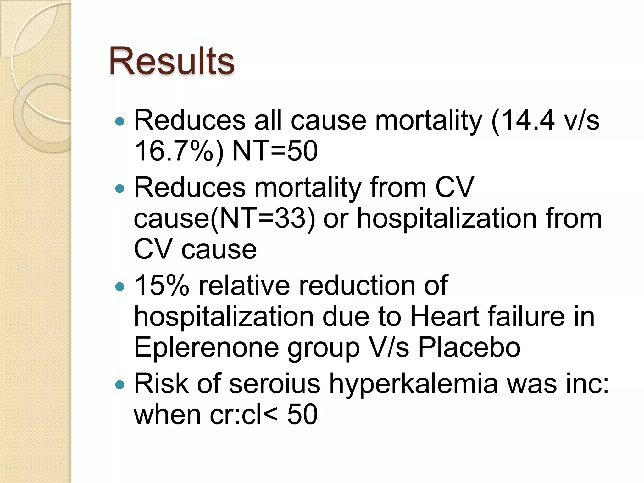 Results
 Reduces all cause mortality (14.4 v/s
16.7%) NT=50
 Reduces mortality from CV
cause(NT=33) or hospitalization from
CV cause
 15% relative reduction of
hospitalization due to Heart failure in
Eplerenone group V/s Placebo
 Risk of seroius hyperkalemia was inc:
when cr:cl< 50
 