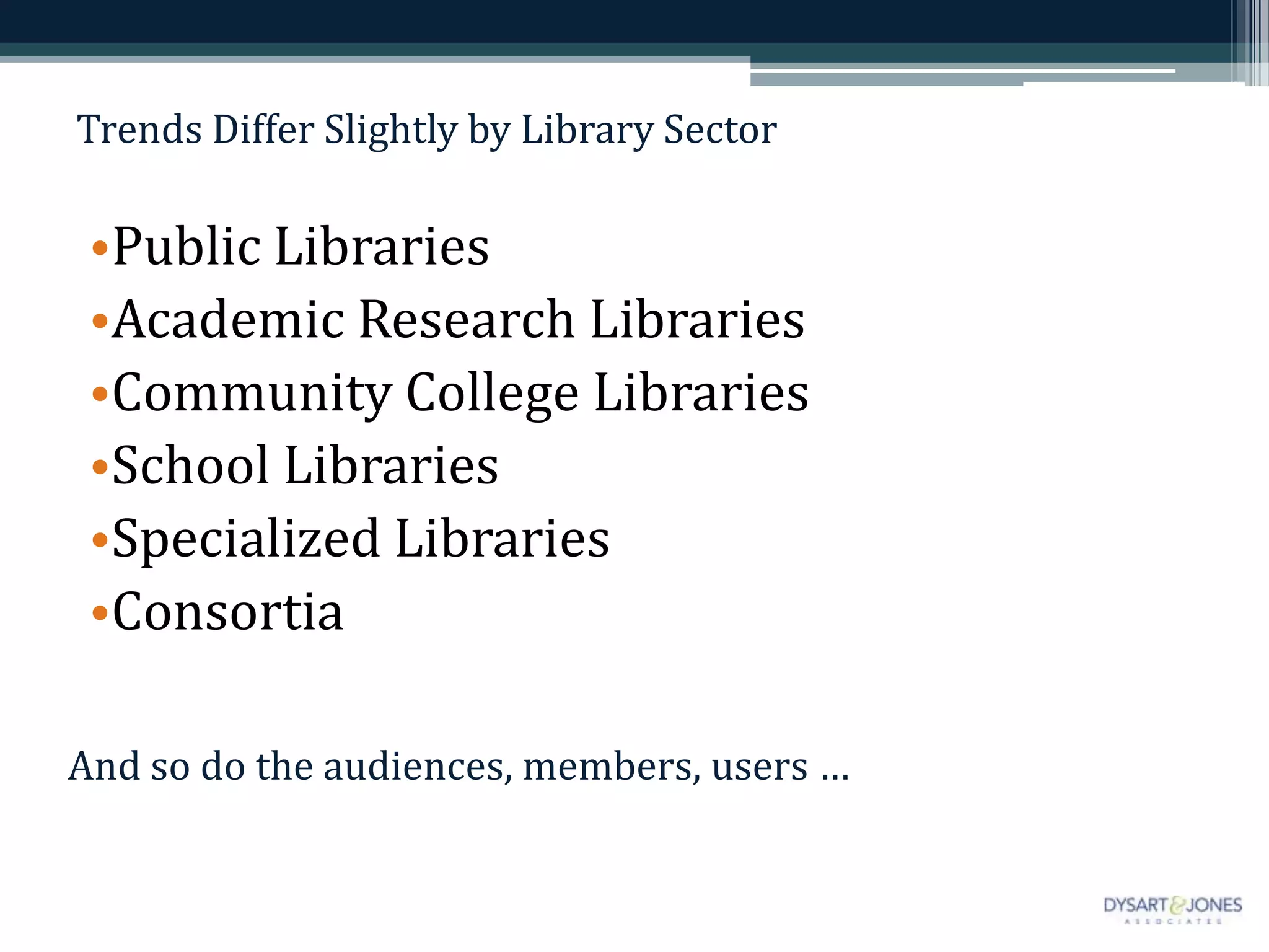 Trends Differ Slightly by Library Sector

 •Public Libraries
 •Academic Research Libraries
 •Community College Libraries
 •School Libraries
 •Specialized Libraries
 •Consortia

And so do the audiences, members, users …
 