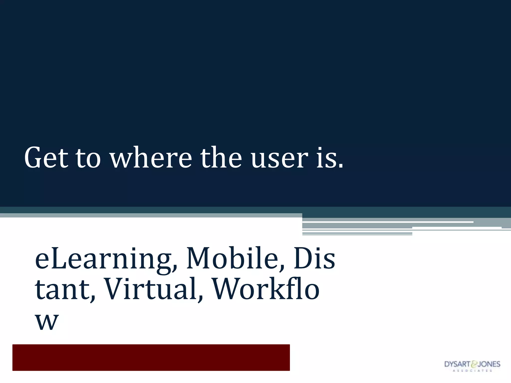 Get to where the user is.


eLearning, Mobile, Dis
tant, Virtual, Workflo
w
 