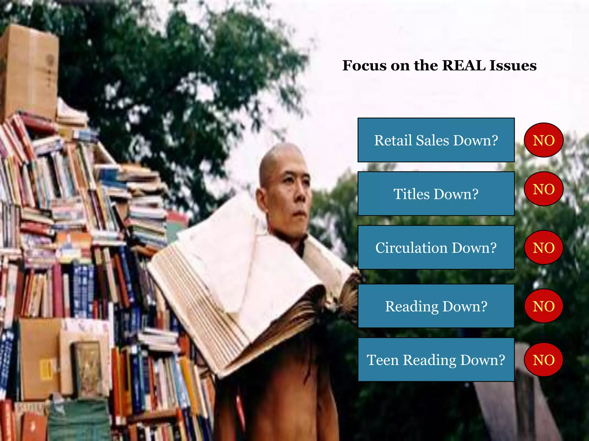 Focus on the REAL Issues




   Retail Sales Down?   NO


      Titles Down?      NO


    Circulation Down?   NO


     Reading Down?      NO


   Teen Reading Down?   NO
 