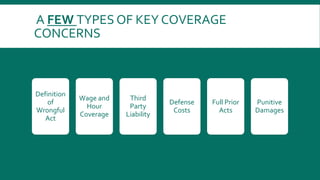 A FEW TYPES OF KEY COVERAGE
CONCERNS
Definition
of
Wrongful
Act
Wage and
Hour
Coverage
Third
Party
Liability
Defense
Costs
Full Prior
Acts
Punitive
Damages
 