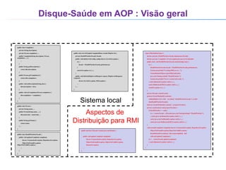 Disque-Saúde em AOP : Visão geral public class Complaint { private String description; private Person complainer; ...  public Complaint(String description, Person complainer, ...) {  ... } public String getDescription() { return this.description; } public Person getComplainer() { return this.complainer; } public void setDescription(String desc) { this.description = desc; } public void setComplainer(Person complainer) { this.complainer = complainer; } } public interface IFacade extends java.rmi.Remote { public void updateComplaint complaint) throws TransactionException, RepositoryException, ObjectNotFoundException, ObjectNotValidException, RemoteException; . . .  } public class HealthWatcherFacade { public void update(Complaint complaint)  throws TransactionException, RepositoryException, ObjectNotFoundException, ObjectNotValidException { ... } } public class Person { private String nome; ... public Person(String nome, ...) { this.matricula = matricula; ... } public String getNome() { return nome; } ... } public class ServletUpdateComplaintData extends HttpServlet { private HealthWatcherFacade facade; public void init(ServletConfig config) throws ServletException { try { facade = HealthWatcherFacade.getInstance(); } catch (Exception ex) {...} } public void doPost(HttpServletRequest request, HttpServletResponse response) throws ServletException, IOException { ... } ... } aspect DistributionAspect { declare parents: HealthWatcherFacade implements IFacade; declare parents: Complaint || Person implements java.io.Serializable; public static void HealthWatcherFacade.main(String[] args) { try { HealthWatcherFacade facade = HealthWatcherFacade.getInstance(); System.out.println("Creating RMI server..."); UnicastRemoteObject.exportObject(facade);  java.rmi.Naming.rebind("/HealthWatcher"); System.out.println("Server created and ready."); } catch (RemoteException rmiEx) {...} catch (MalformedURLException rmiEx) {...} catch(Exception ex) {...} }  private IFacade remoteFacade; pointcut facadeMethodsExecution():  within(HttpServlet+) &&  execution(* HealthWatcherFacade.*(..)) && this(HealthWatcherFacade);  before(): facadeMethodsExecution()  {  prepareFacade();} private synchronized void prepareFacade() { if (healthWatcher == null) { try {  remoteFacade = (IFacade) java.rmi.Naming.lookup("//HealthWatcher"); } catch (java.rmi.RemoteException rmiEx) {...} catch (java.rmi.NotBoundException rmiEx) {...} catch (java.net.MalformedURLException rmiEx) {...} } void around(Complaint complaint) throws TransactionException, RepositoryExceptio n ObjectNotFoundException,ObjectNotValidException: facadeRemoteExecutions()  & &  args(complaint)  && call(void update(Complaint)) { try {  remoteFacade.update(complaint); } catch (RemoteException rmiEx) {...} } } Sistema local Aspectos de  Distribuição para RMI 