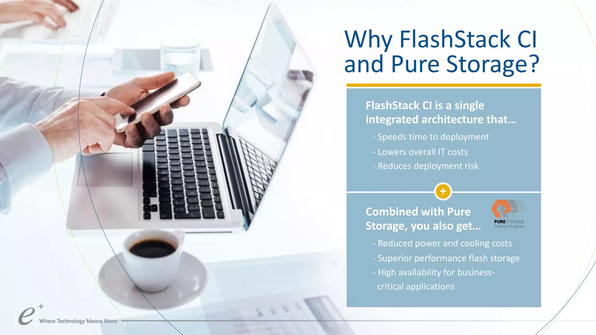 Why FlashStack CI
and Pure Storage?
FlashStack CI is a single
integrated architecture that…
- Speeds time to deployment
- Lowers overall IT costs
- Reduces deployment risk
Combined with Pure
Storage, you also get…
- Reduced power and cooling costs
- Superior performance flash storage
- High availability for business-
critical applications
+
 