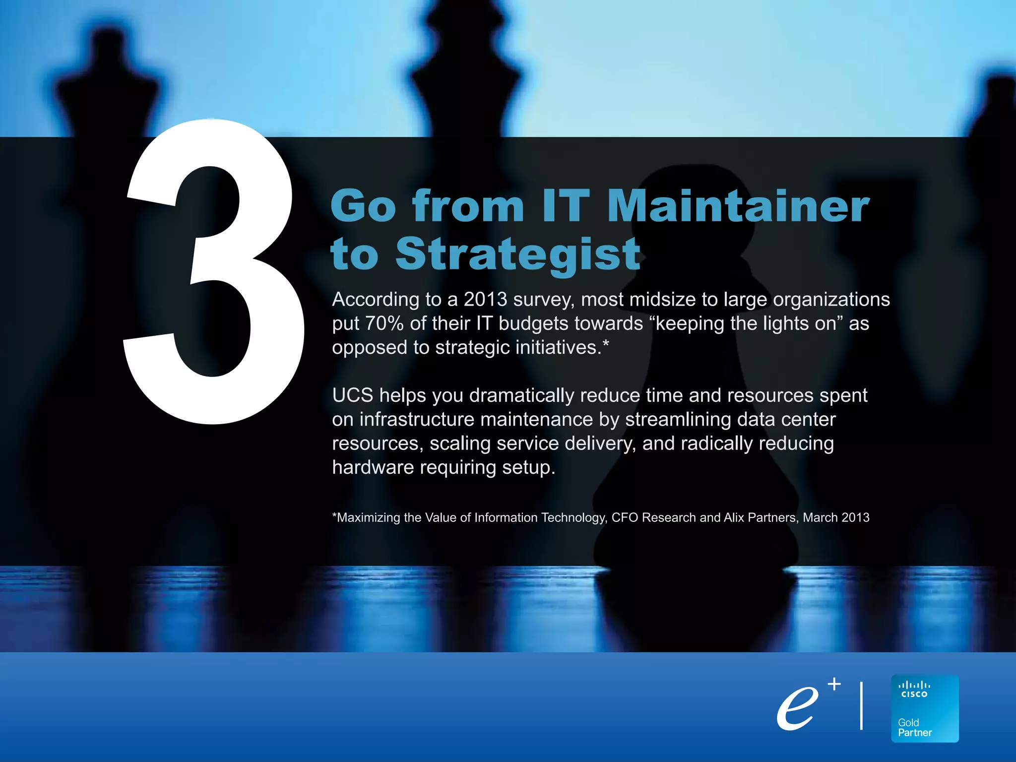 According to a 2013 survey, most midsize to large organizations
put 70% of their IT budgets towards “keeping the lights on” as
opposed to strategic initiatives.*
UCS helps you dramatically reduce time and resources spent
on infrastructure maintenance by streamlining data center
resources, scaling service delivery, and radically reducing
hardware requiring setup.
*Maximizing the Value of Information Technology, CFO Research and Alix Partners, March 2013
Go from IT Maintainer
to Strategist
3