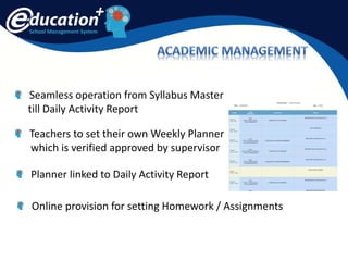 School Management System
Seamless operation from Syllabus Master
till Daily Activity Report
Teachers to set their own Weekly Planner
which is verified approved by supervisor
Planner linked to Daily Activity Report
Online provision for setting Homework / Assignments
 