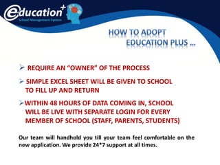 School Management System
 REQUIRE AN “OWNER” OF THE PROCESS
 SIMPLE EXCEL SHEET WILL BE GIVEN TO SCHOOL
TO FILL UP AND RETURN
WITHIN 48 HOURS OF DATA COMING IN, SCHOOL
WILL BE LIVE WITH SEPARATE LOGIN FOR EVERY
MEMBER OF SCHOOL (STAFF, PARENTS, STUDENTS)
Our team will handhold you till your team feel comfortable on the
new application. We provide 24*7 support at all times.
 