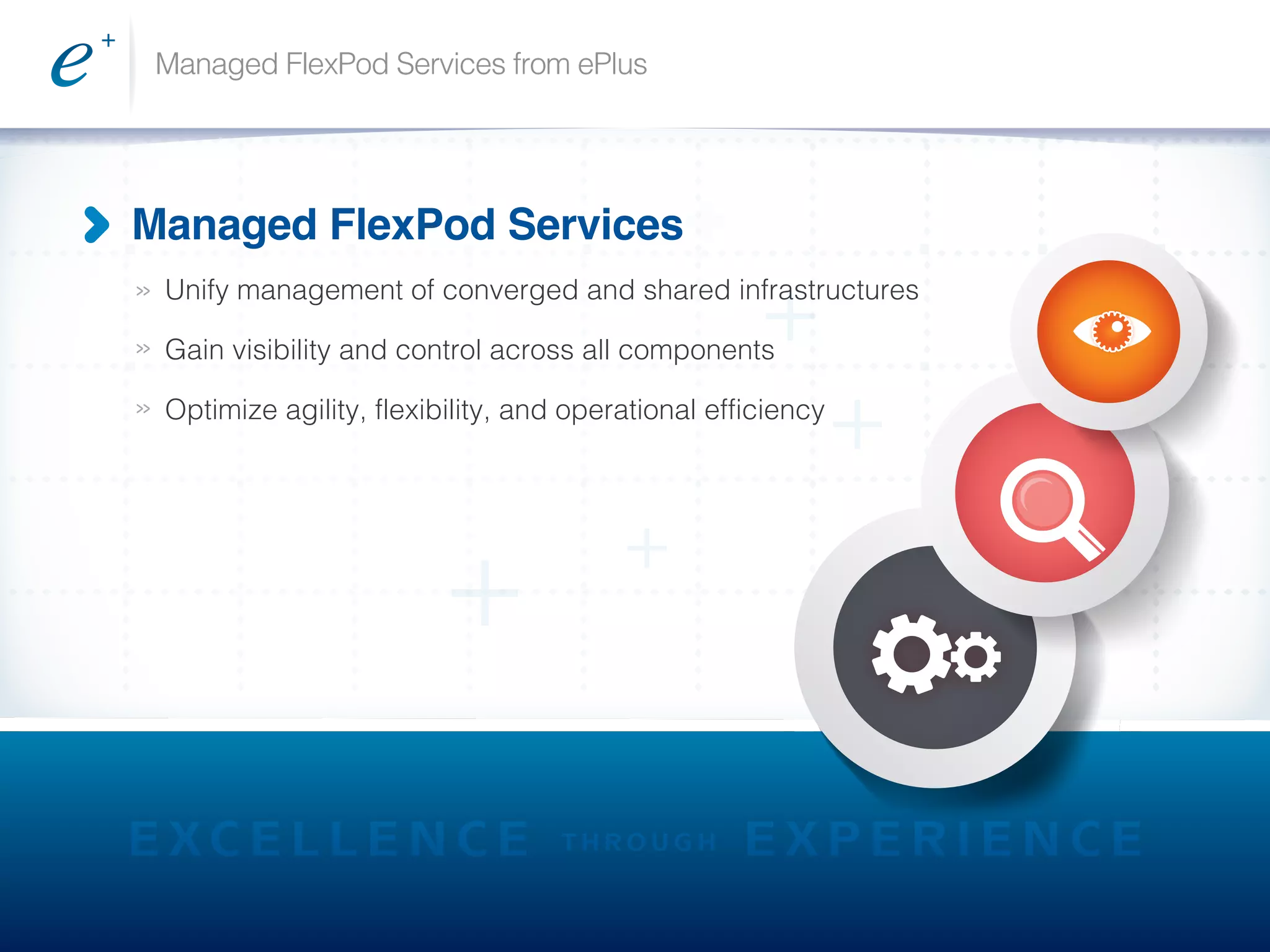 >>
>>
>>
Managed FlexPod Services
Unify management of converged and shared infrastructures
Gain visibility and control across all components
Optimize agility, flexibility, and operational efficiency
Managed FlexPod Services from ePlus