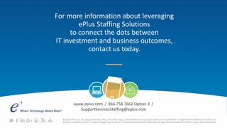 ePlus. Where Technology Means More.®© 2016 ePlus inc. Confidential and Proprietary.
©2016 ePlus inc. All rights reserved. ePlus, the ePlus logo, and all referenced product names are trademarks or registered trademarks of ePlus inc.
All other company names, product images and products mentioned herein are trademarks or registered trademarks of their respective companies.
www.eplus.com / 866.758.7662 Option 3 /
SupportServicesStaffing@eplus.com
For more information about leveraging
ePlus Staffing Solutions
to connect the dots between
IT investment and business outcomes,
contact us today.
 