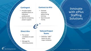 ePlus. Where Technology Means More.®© 2016 ePlus inc. Confidential and Proprietary.
Innovate
with ePlus
Staffing
Solutions
© 2016 ePlus inc. Confidential and Proprietary.
Contingent
Direct Hire Tailored Project
Teams
• Evaluate
resources
before hiring
full time
• Save time and
money
• Provides highly-
qualified teams or
individual
professionals
• Built for temporary
project support
• Pre-screen
candidates to save
time
• Manage the
interview process
• Build the “right”
teams for your
major initiatives
Contract-to-Hire
 