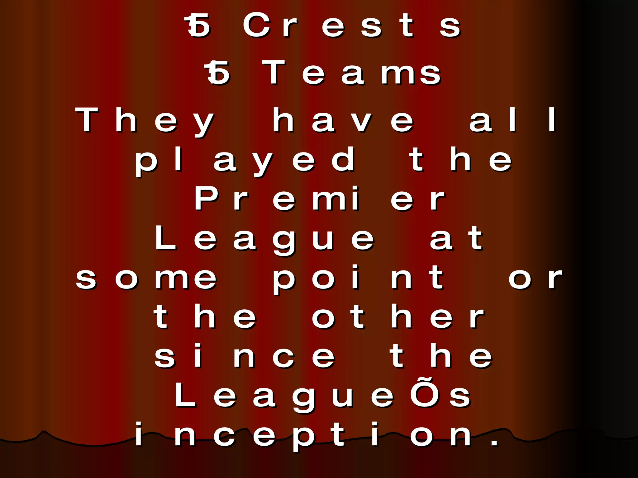15 Crests 15 Teams They have all played the Premier League at some point or the other since the League’s inception. Quickfire – Identify the team from their crests Lots of points to be scored… Here we go…….. 