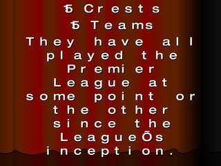 15 Crests 15 Teams They have all played the Premier League at some point or the other since the League’s inception. Quickfire – Identify the team from their crests Lots of points to be scored… Here we go…….. 