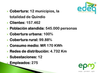    Cobertura: 12 municipios, la
    totalidad de Quindío
   Clientes: 157.462
   Población atendida: 545.000 personas
   Cobertura urbana: 100%
   Cobertura rural: 99.88%
   Consumo medio: MR 170 KWh
   Redes de distribución: 4.732 Km
   Subestaciones: 12
   Empleados: 275
 