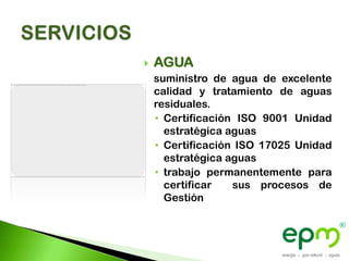    AGUA
    suministro de agua de excelente
    calidad y tratamiento de aguas
    residuales.
    • Certificación ISO 9001 Unidad
      estratégica aguas
    • Certificación ISO 17025 Unidad
      estratégica aguas
    • trabajo permanentemente para
      certificar   sus procesos de
      Gestión
 