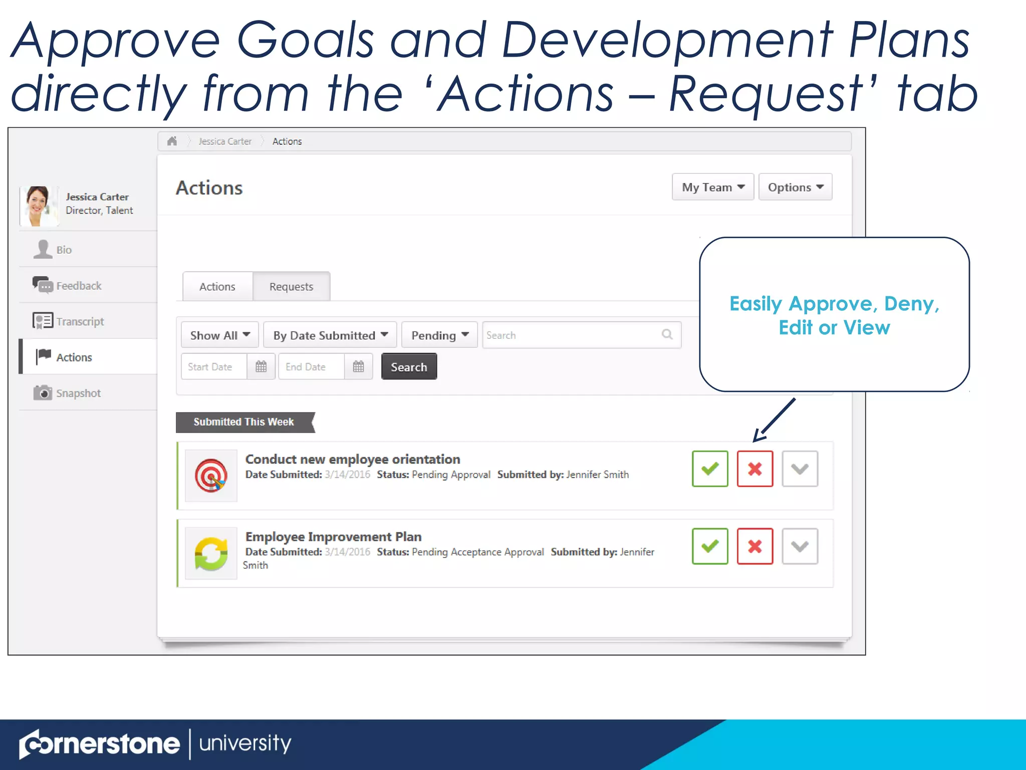 Approve Goals and Development Plans
directly from the ‘Actions – Request’ tab
Easily Approve, Deny,
Edit or View
 