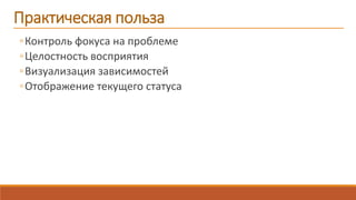 Практическая польза
◦Контроль фокуса на проблеме
◦Целостность восприятия
◦Визуализация зависимостей
◦Отображение текущего статуса
 