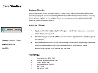 Case Studies
                               Business Situation
                               Reduced investment income required California Casualty to cut the cost of managing information
                               technology in projects which constitute a significant expense for this information intensive company.
                               But the solution in place, an internally developed time-entry system, was unable to capture task
                               activity at the necessary level of detail.


                               Solutions Offered

                                  •     Together with California Casualty AstroWix spent a month in the planning and preparation
                                        before the solution was built.
                                  •     AstroWix deployed Microsoft EPM Solution first in the IT department and then throughout

Company: California Casualty            the enterprise.
                                  •     AstroWix helped California casualty with planning, customization, server configuration and
Location: California
                                        Project Management Institute (PMI) certified training for roles including server
Year:2003                               administrator, manager, team member and executive.



                               Technology:
                                  •        Servers/Version : EPM 2003
                                  •        Window Server Enterprise: 2003
                                  •        Project Server: 2003
                                  •        SharePoint Server: WSS2.0
                                  •        MSP: 2003
                                  •        SQL Server: 2000
 