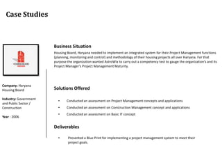 Case Studies



                       Business Situation
                       Housing Board, Haryana needed to implement an integrated system for their Project Management functions
                       (planning, monitoring and control) and methodology of their housing projects all over Haryana. For that
                       purpose the organization wanted AstroWix to carry out a competency test to gauge the organization’s and its
                       Project Manager’s Project Management Maturity.




Company: Haryana
Housing Board          Solutions Offered

Industry: Government
                         •     Conducted an assessment on Project Management concepts and applications
and Public Sector /
Construction             •     Conducted an assessment on Construction Management concept and applications
                         •     Conducted an assessment on Basic IT concept
Year : 2006

                       Deliverables

                         •      Presented a Blue Print for implementing a project management system to meet their
                                project goals.
 
