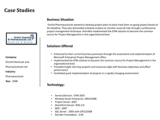 Case Studies
                       Business Situation
                        Orchid Pharmaceuticals wanted to develop project plans to back-track their on-going project based on
                       the deadline. They also demanded schedule analysis to monitor issues & risks through a professional
                       project management technique. AstroWix implemented the EPM solution to become the common
                       source for Project Management in the organizational level



                       Solutions Offered

                          • Enhanced its then current business processes through the assessment and implementation of
Company:                    Microsoft Enterprise Project Management office
                          • Implemented the EPM solution to become the common source for Project Management in the
Orchid Chemicals and
                            organizational level.
Pharmaceuticals Ltd       • Provided insight into how projects and resources align with business objectives and affect
                            performance
Industry:
                          • Facilitated quick implementation of projects in a rapidly changing environment
Pharmaceuticals
Year : 2008
                       Technology:

                          •   Servers/Version : EPM 2007
                          •   Window Server Enterprise: 2003/2008
                          •   Project Server: 2007
                          •   SharePoint Server: WSS 3.0
                          •   MSP : 2007
                          •   SQL Server : 2005 with (SP2)/2008
                          •   Dot Net FrameWork : 3.0V
 