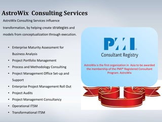 AstroWix Consulting Services
AstroWix Consulting Services influence
transformation, by helping create strategies and
models from conceptualization through execution.


   • Enterprise Maturity Assessment for
      Business Analysis
   • Project Portfolio Management
                                                   AstroWix is the first organization in Asia to be awarded
   • Process and Methodology Consulting
                                                     the membership of the PMI® Registered Consultant
   • Project Management Office Set-up and                             Program. AstroWix

      Support
   • Enterprise Project Management Roll Out
   • Project Audits
   • Project Management Consultancy
   • Operational ITSM
   • Transformational ITSM
 