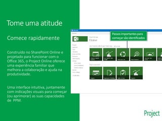 Tome uma atitude
Comece rapidamente
Construído no SharePoint Online e
projetado para funcionar com o
Office 365, o Project Online oferece
uma experiência familiar que
melhora a colaboração e ajuda na
produtividade.
Uma interface intuitiva, juntamente
com indicações visuais para começar
(ou aprimorar) as suas capacidades
de PPM.
Passosimportantespara
começarsãoidentificados
 