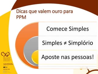 Dicas que valem ouro para
PPM
Comece Simples
Simples ≠ Simplório
Aposte nas pessoas!
 