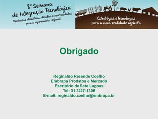 Obrigado
Reginaldo Resende Coelho
Embrapa Produtos e Mercado
Escritório de Sete Lagoas
Tel: 31 3027-1306
E-mail: reginaldo.coelho@embrapa.br
 